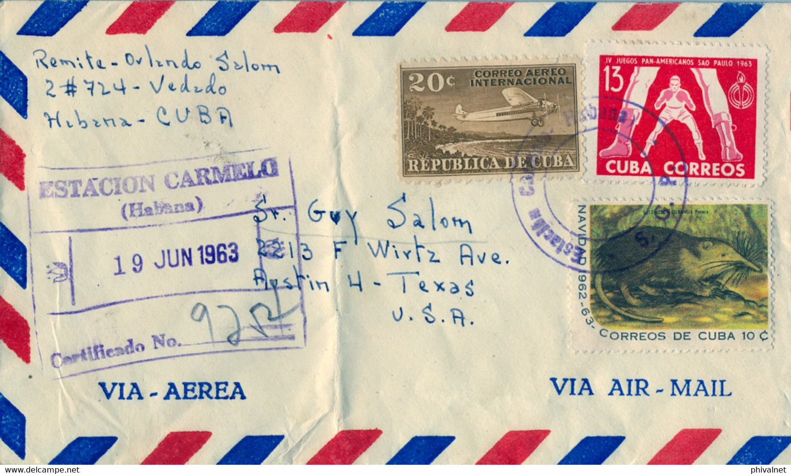 1963 CUBA , SOBRE CERTIFICADO , ESTACIÓN CARMELO ( HABANA ) - AUSTIN , CORREO AÉREO , LLEGADA , BOXEO , FAUNA - Brieven En Documenten