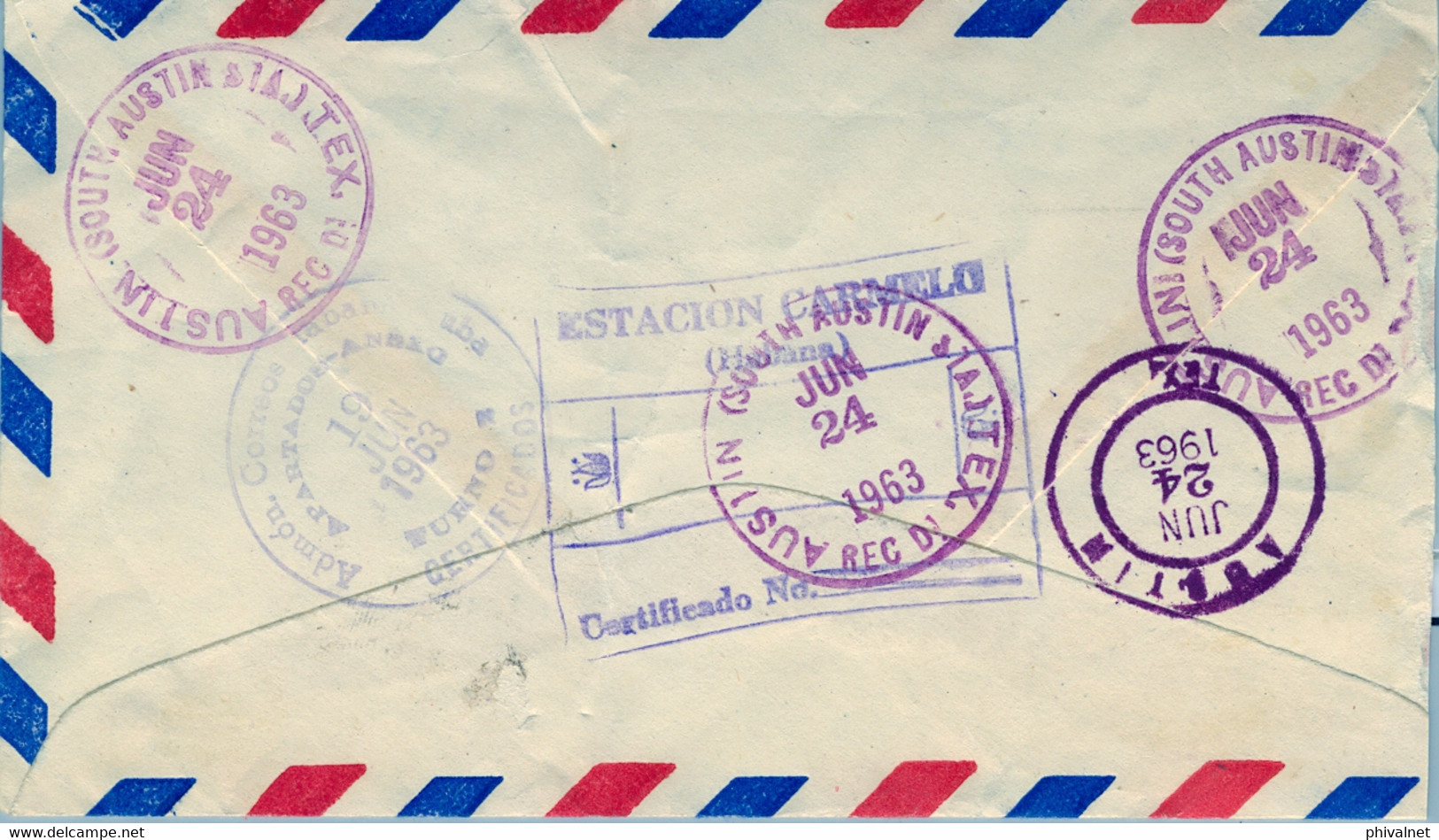 1963 CUBA , SOBRE CERTIFICADO , ESTACIÓN CARMELO ( HABANA ) - AUSTIN , CORREO AÉREO , LLEGADA , BOXEO , FAUNA - Brieven En Documenten