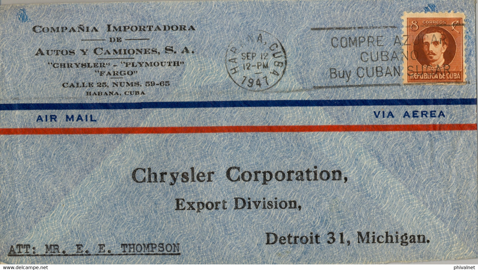 1947 CUBA , SOBRE CIRCULADO , LA HABANA - DETROIT , CHRYSLER , PLYMOUTH , FARGO - Lettres & Documents