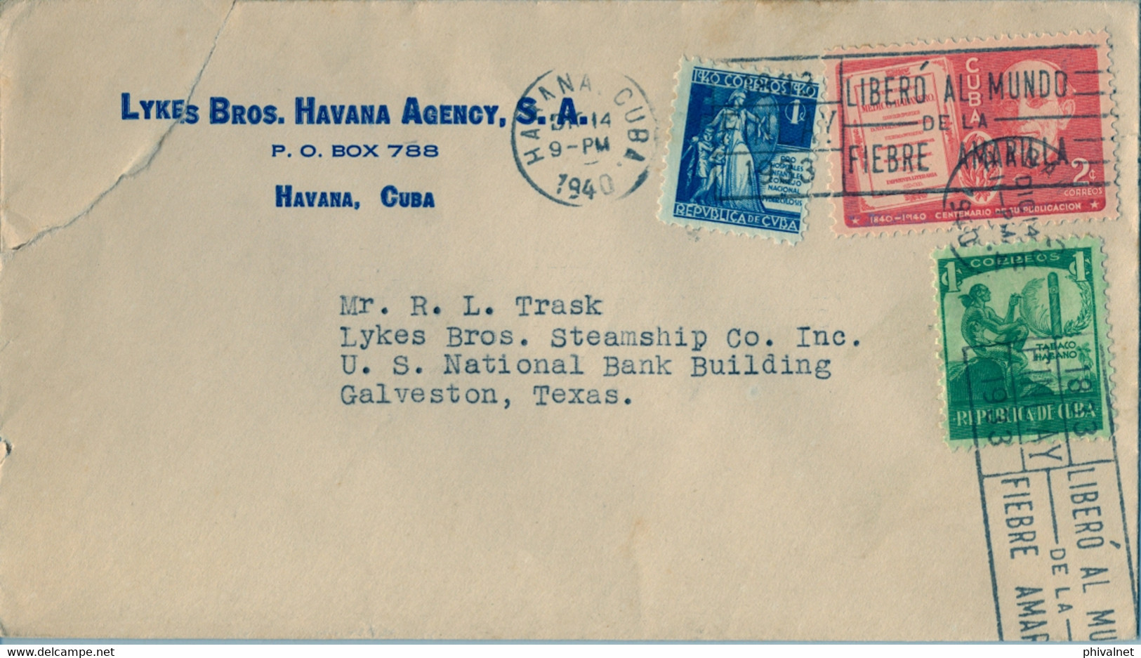 1940 CUBA , SOBRE CIRCULADO , LA HABANA - GALVESTON , PRO HOSPITALES INFANTILES , LIONS INTERNACIONAL , TABACO - Covers & Documents