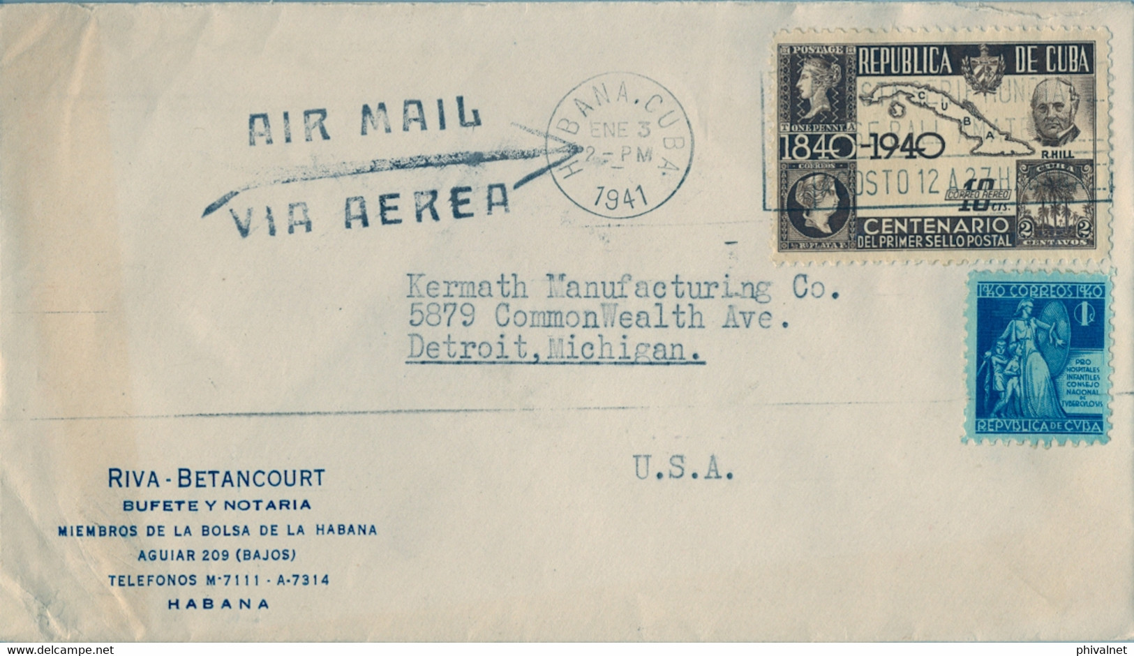 1941 CUBA , SOBRE CIRCULADO , LA HABANA - DETROIT , VIA AÉREA , YV. 32 AER. MAPA DE CUBA , ROWLAND HILL - Cartas & Documentos