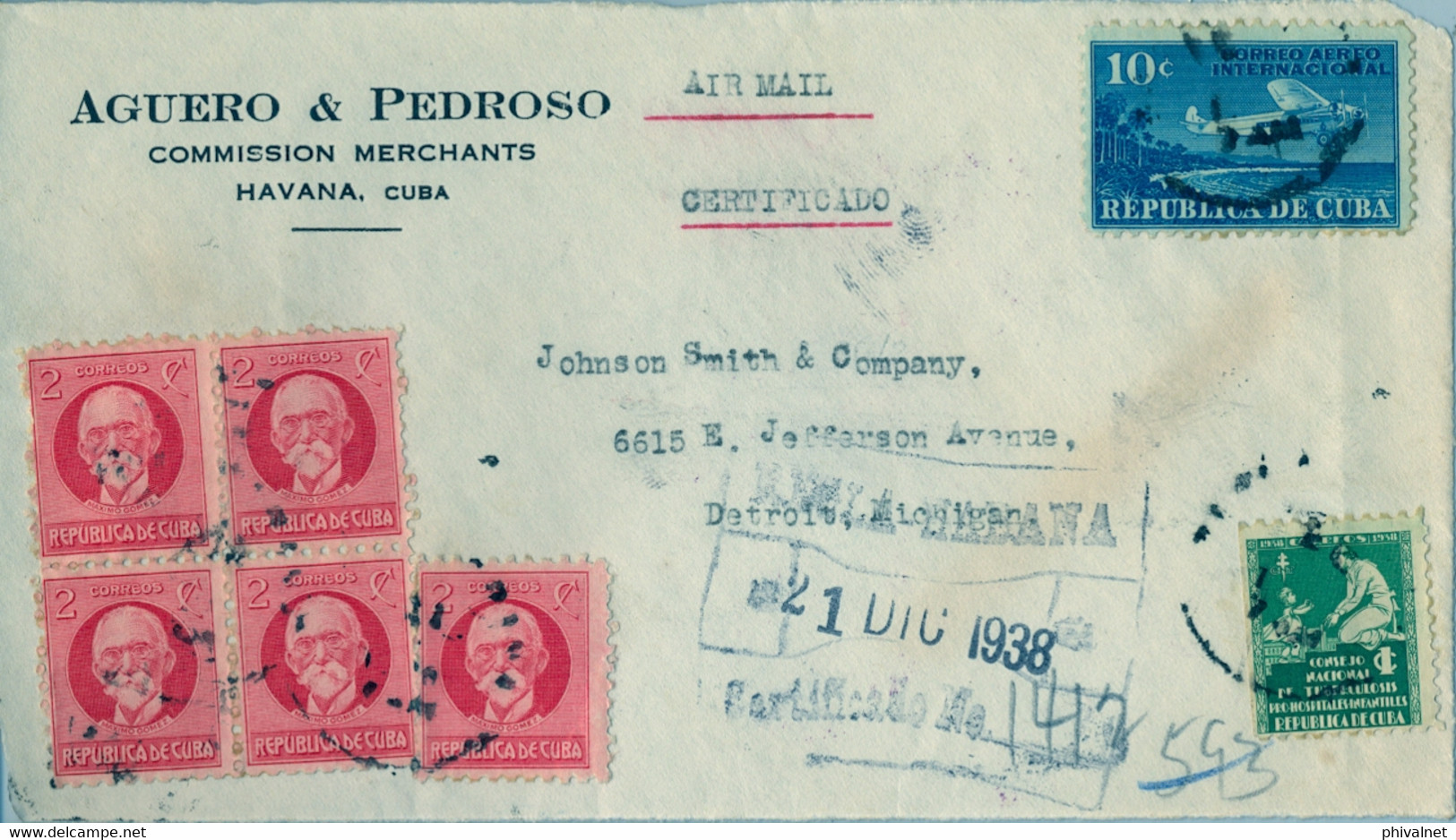 1938 CUBA , FRONTAL CERTIFICADO , LA HABANA - DETROIT , CORREO AÉREO - Lettres & Documents