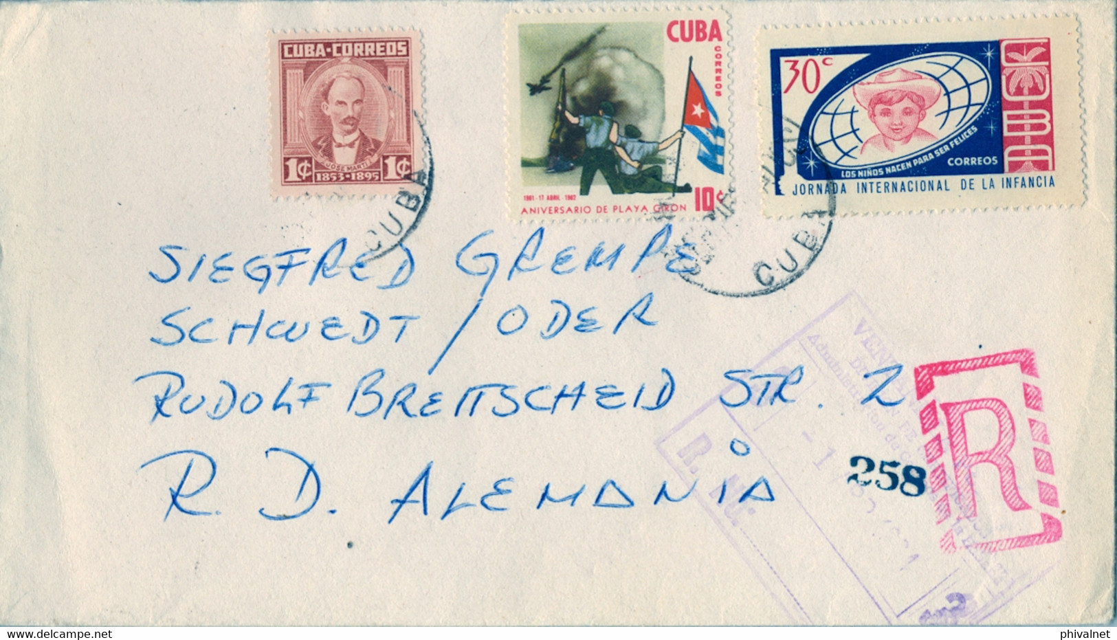 1964 CUBA , SOBRE CERTIFICADO , VENTANILLA PÚBLICA LA HABANA - SCHWEDT ODER , INFANCIA , ANIV. PLAYA GIRÓN - Brieven En Documenten