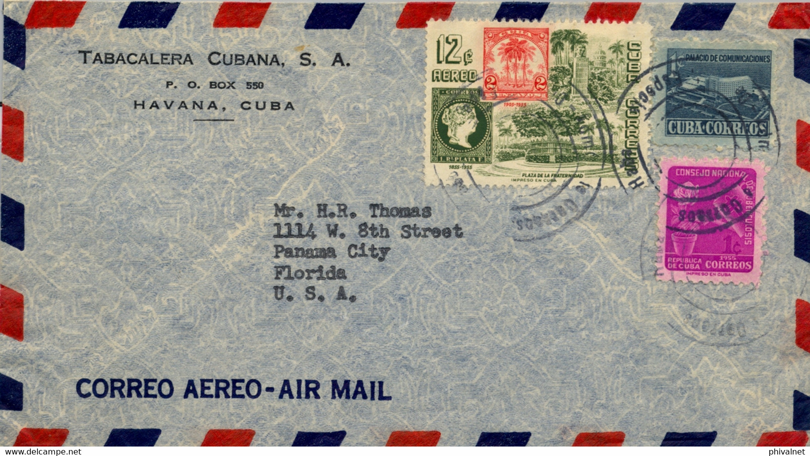 CUBA , SOBRE CIRCULADO , LA HABANA - FLORIDA , TABACALERA CUBANA , CORREO AÉREO, PLAZA DE LA FRATERNIDAD - Storia Postale