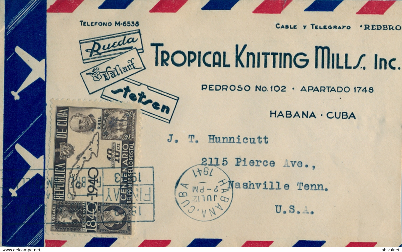 1941  CUBA , SOBRE CIRCULADO , LA HABANA - NASHVILLE , TROPICAL KNITTING MILLS , CORREO AÉREO , CENTENARIO SELLO POSTAL - Covers & Documents