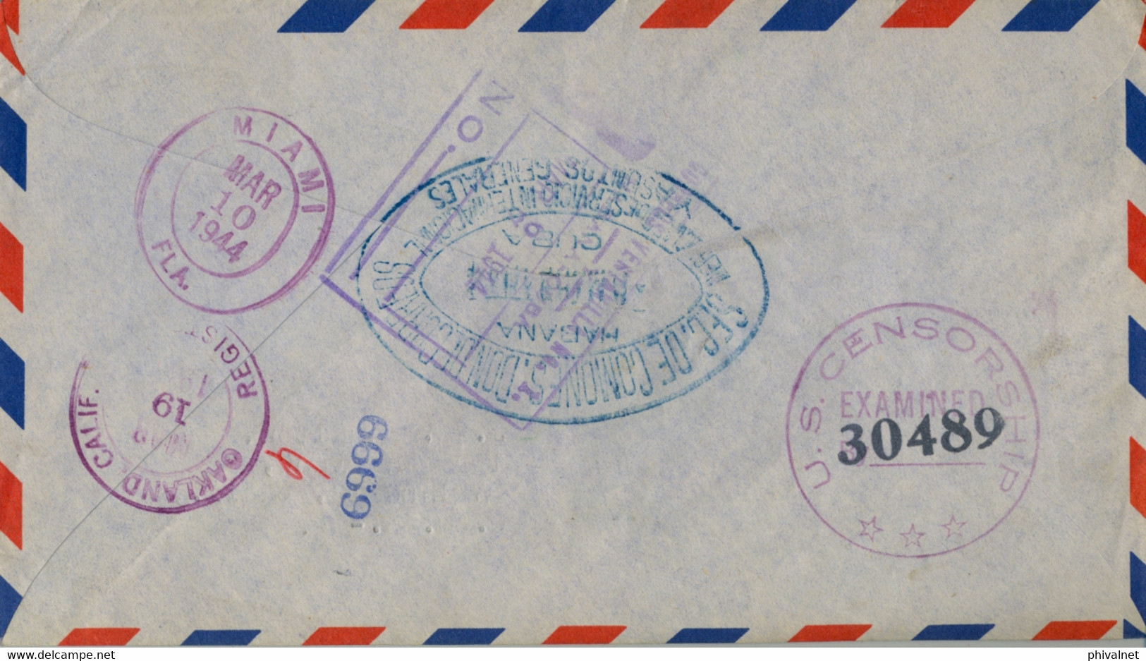 1944 CUBA , CERTIFICADO , HABANA - OAKLAND , CENSURA , NEGOCIADO DE SERVICIO INTERNACIONAL , RETIRO COMUNICACIONES - Covers & Documents