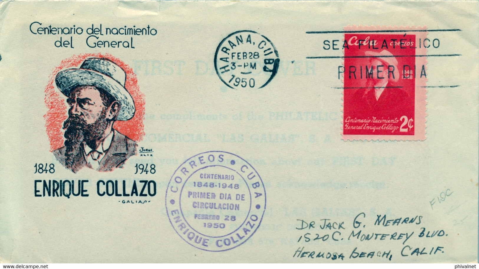 1950 CUBA , SOBRE PRIMER DIA , YV. 329 , CENTENARIO NACIMIENTO DEL GENERAL ENRIQUE COLLAZO - FDC