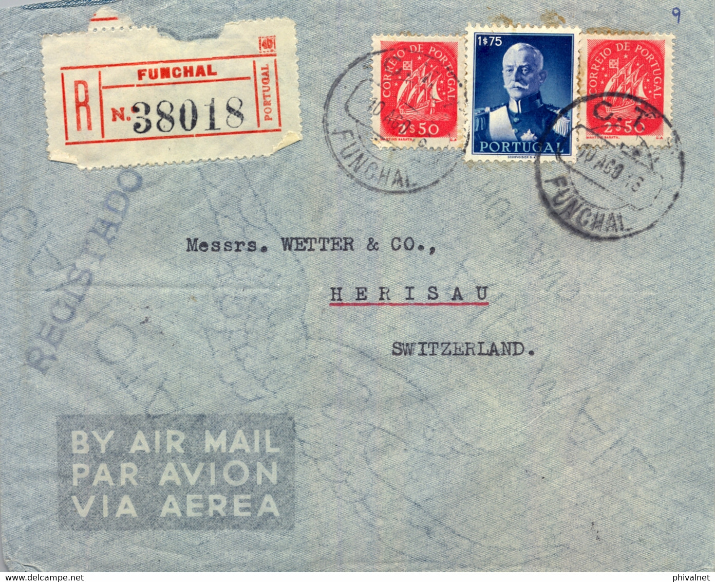 1946 PORTUGAL , SOBRE CERTIFICADO ,  FUNCHAL - HERISAU , TRÁNSITO LISBOA , LLEGADA , CORREO AÉREO - Funchal