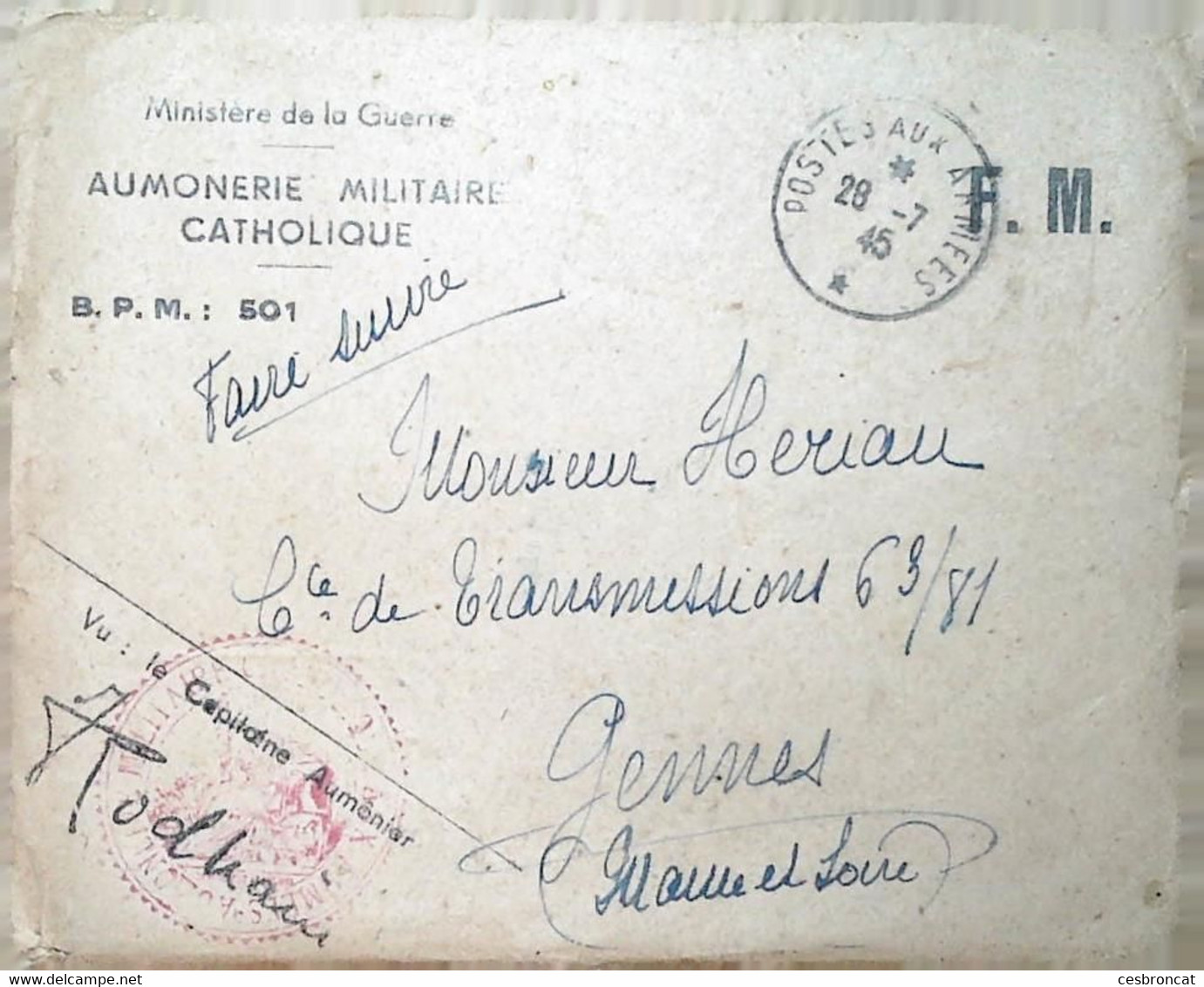 H 6 1939/45  Lettre Aumonerie Militaire En FM - WW II