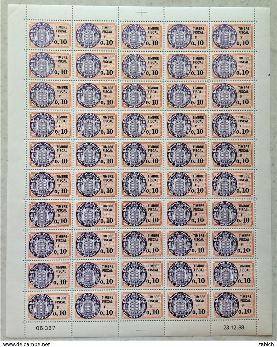 FISCAUX MONACO SERIE UNIFIEE  Feuille 50 Timbres (**) Du N°85 0F10  Orange Et Violet  Coin Daté 23 12 88 C0TE 250€ - Revenue