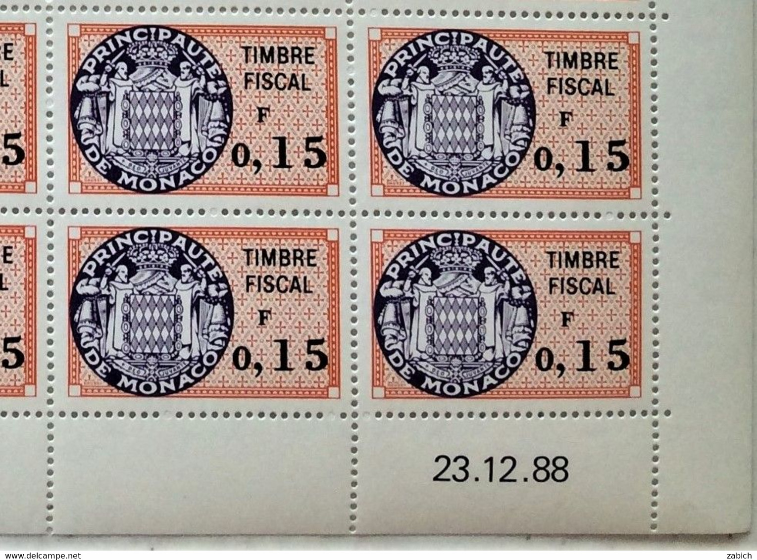 FISCAUX MONACO SERIE UNIFIEE  Feuille 50 Timbres (**) Du N°86 0F15  Orange Et Violet  Coin Daté 23 12 88 C0TE 250€ - Fiscale Zegels