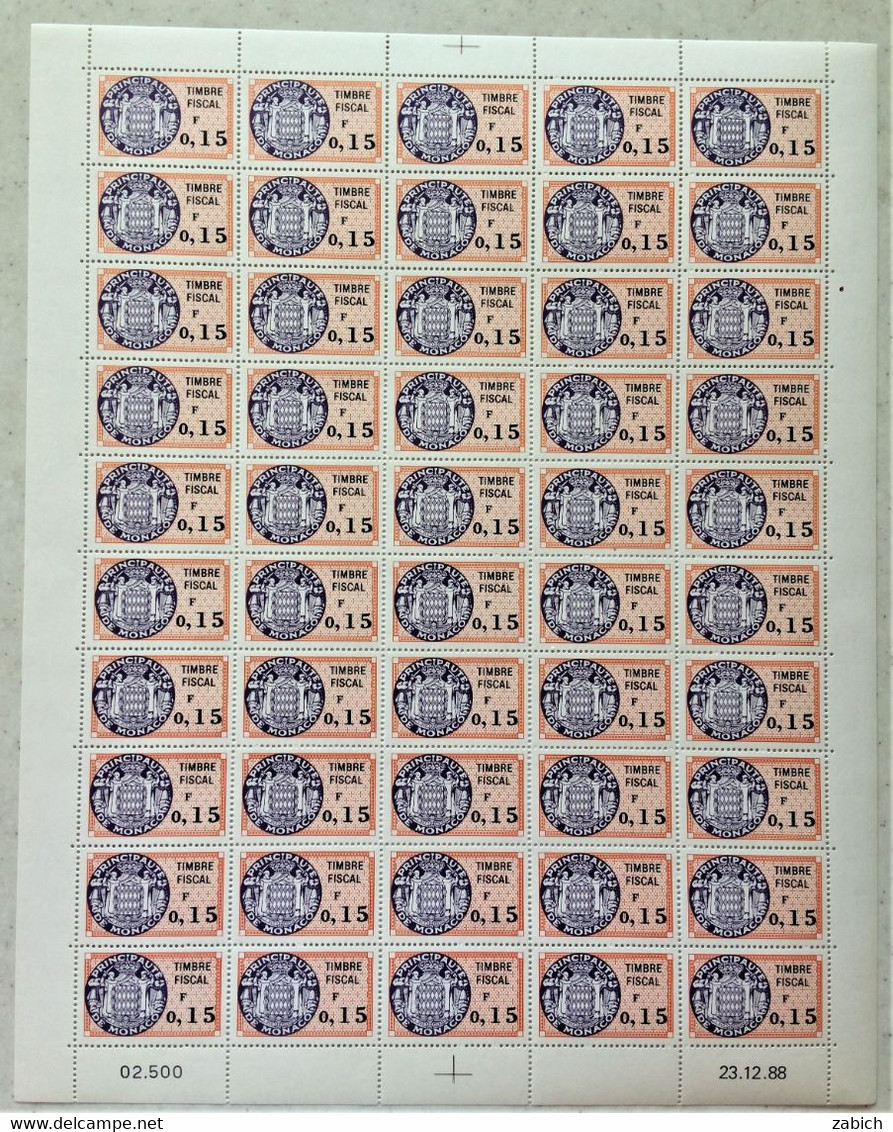 FISCAUX MONACO SERIE UNIFIEE  Feuille 50 Timbres (**) Du N°88 A 0F50  Orange Et Violet  Coin Daté  25 03 88 C0TE 250€ - Fiscaux