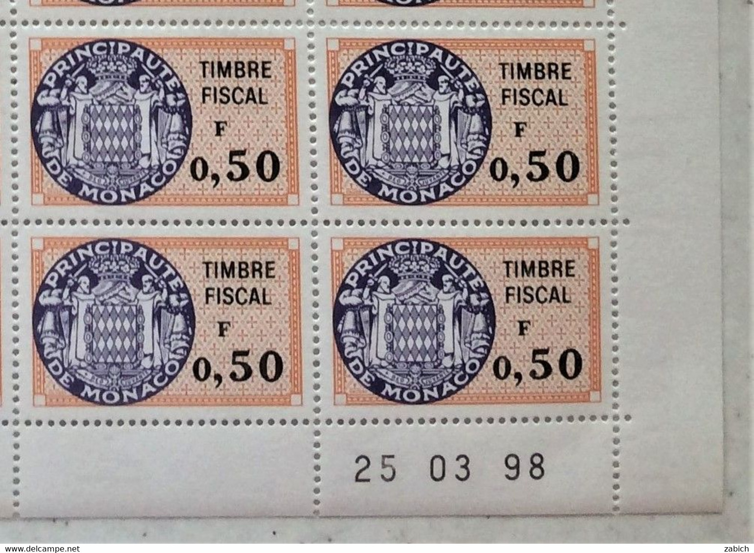 FISCAUX MONACO SERIE UNIFIEE  Feuille 50 Timbres (**) Du N°88 A 0F50  Orange Et Violet  Coin Daté  25 03 88 C0TE 250€ - Fiscaux