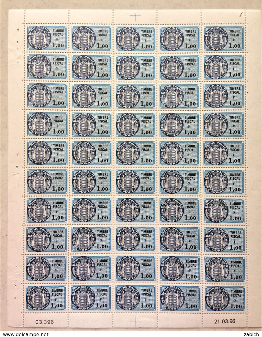 FISCAUX MONACO SERIE UNIFIEE  Feuille 50 Timbres (**) Du N°89 1F00  Bleu F0nccé  Coin Daté  21 036 - Steuermarken