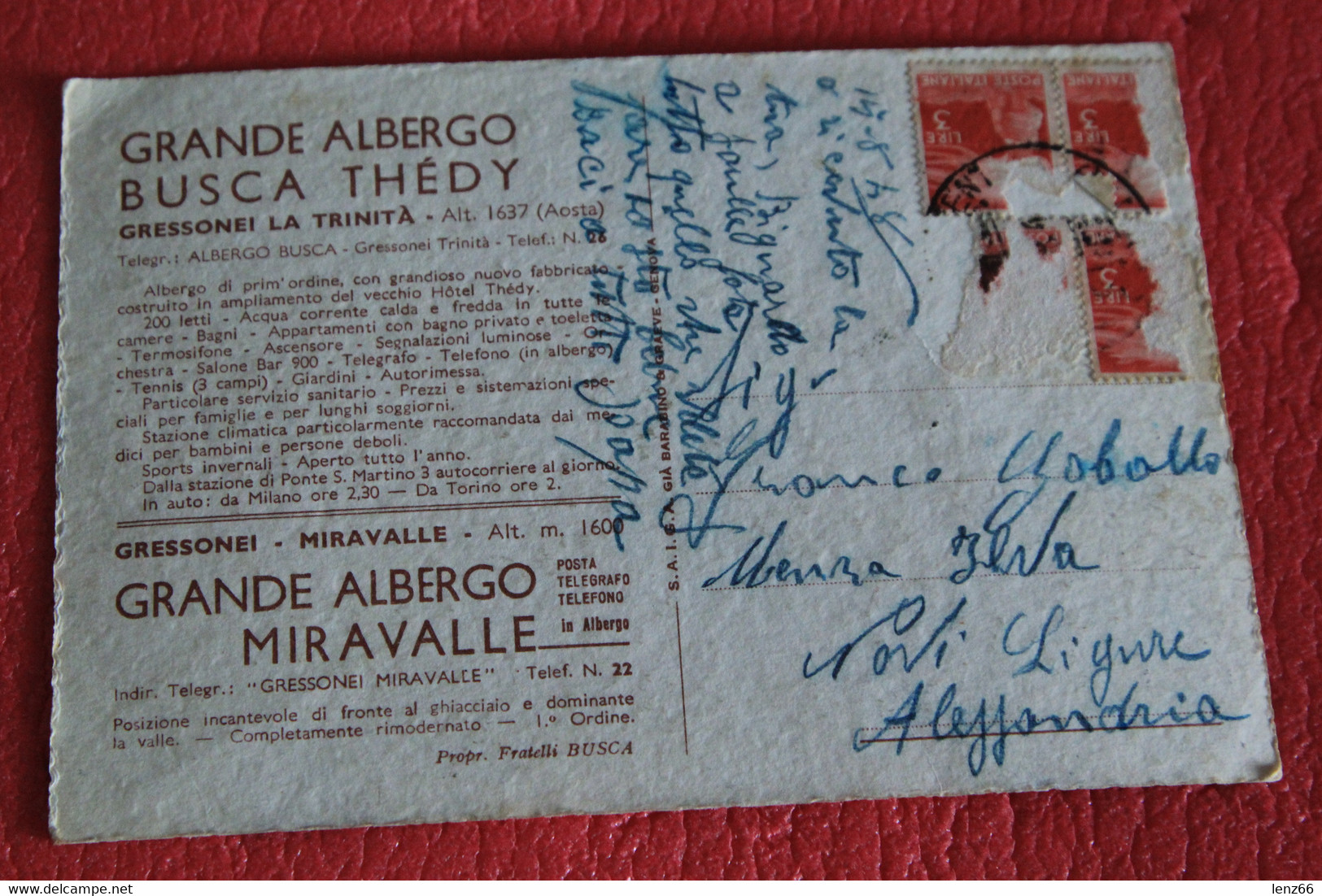 Aosta Gressoney La Trinité Albergo Busca Thedy E Miravalle Pubblicitaria Cartolina Ruvida 1948 Molto Bella - Sonstige & Ohne Zuordnung