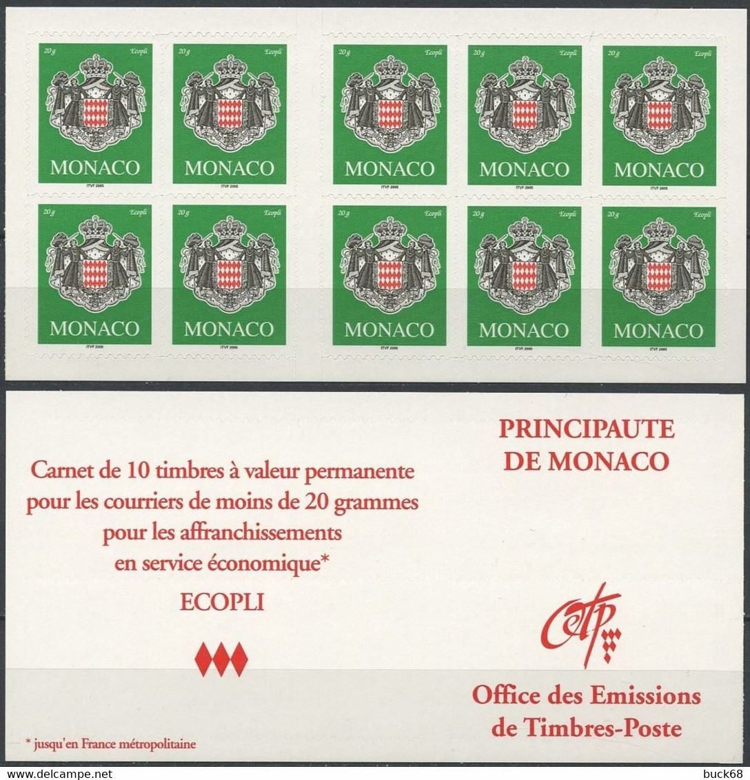MONACO Carnet 14 ** MNH Armoiries De La Principauté 10 Timbres Validité Permanente 2005 - Markenheftchen