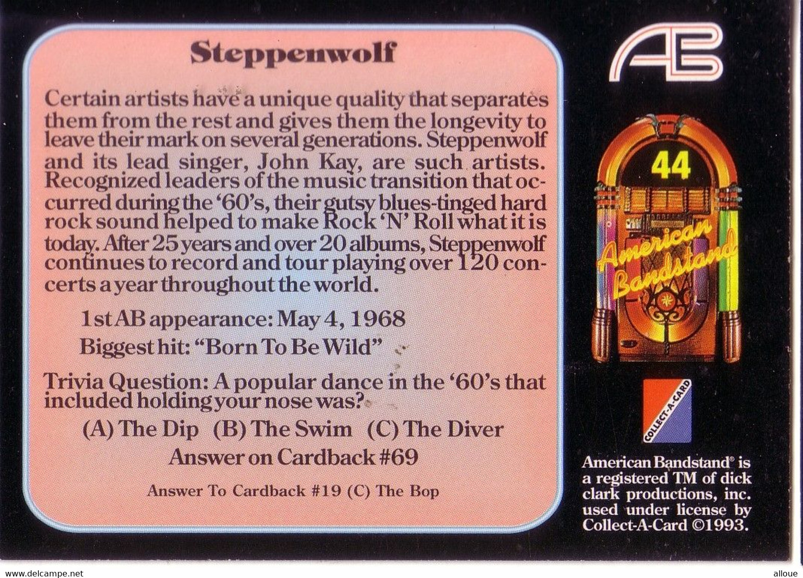 STEPPENWOLF - 1 TRADING CARDS EN BON ETAT - AMERICAN BANDSTAND - Sonstige & Ohne Zuordnung