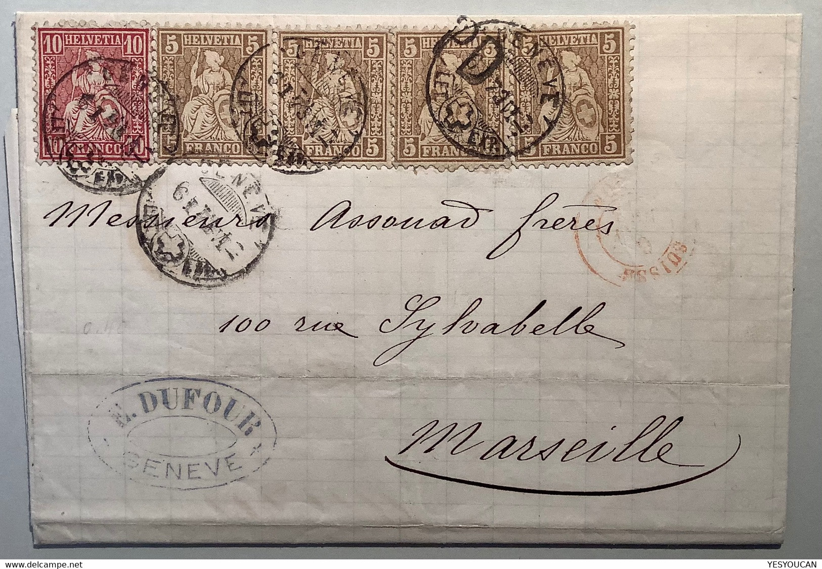 GENEVE 1873 Brief>Marseille France ZNr 30b, 38 1862+1867 Sitzende Helvetia. Ex Provera (Schweiz Suisse Lettre Cover - Brieven En Documenten
