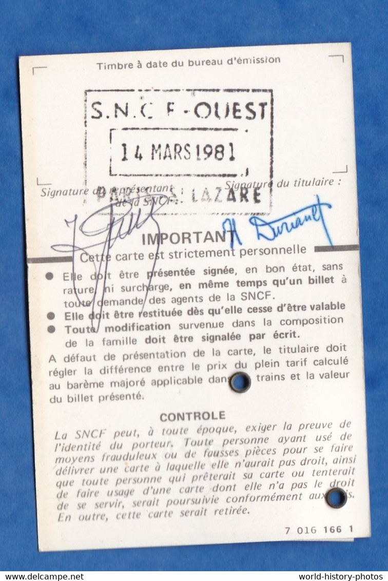 Carte Identité Familles Nombreuses SNCF 1981 / 1987 - Henri DUREAULT Chemin De Fer Réduction Gare St Lazare Paris Train - Other & Unclassified