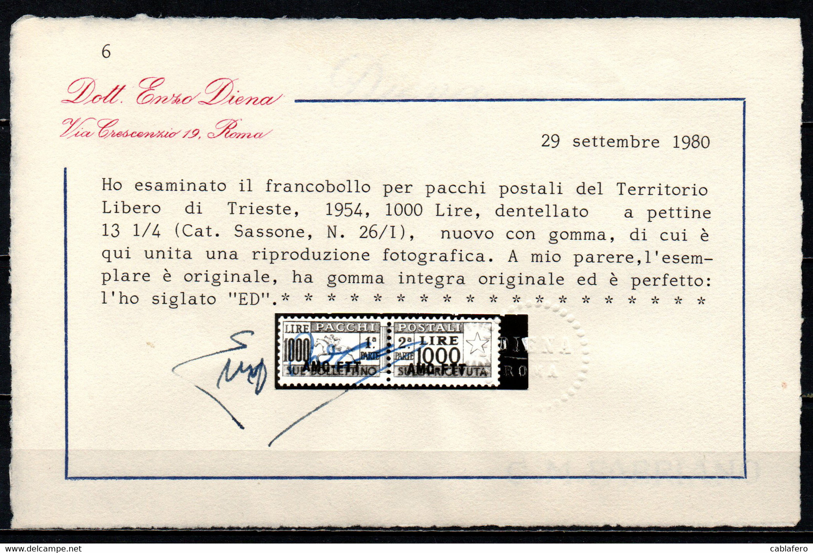 TRIESTE A - AMGFTT - 1954 - CAVALLINO CERTIFICATO DIENA - PACCHI POSTALI - SOVRASTAMPA SU UNA LINEA -  1000 LIRE - MNH - Colis Postaux/concession