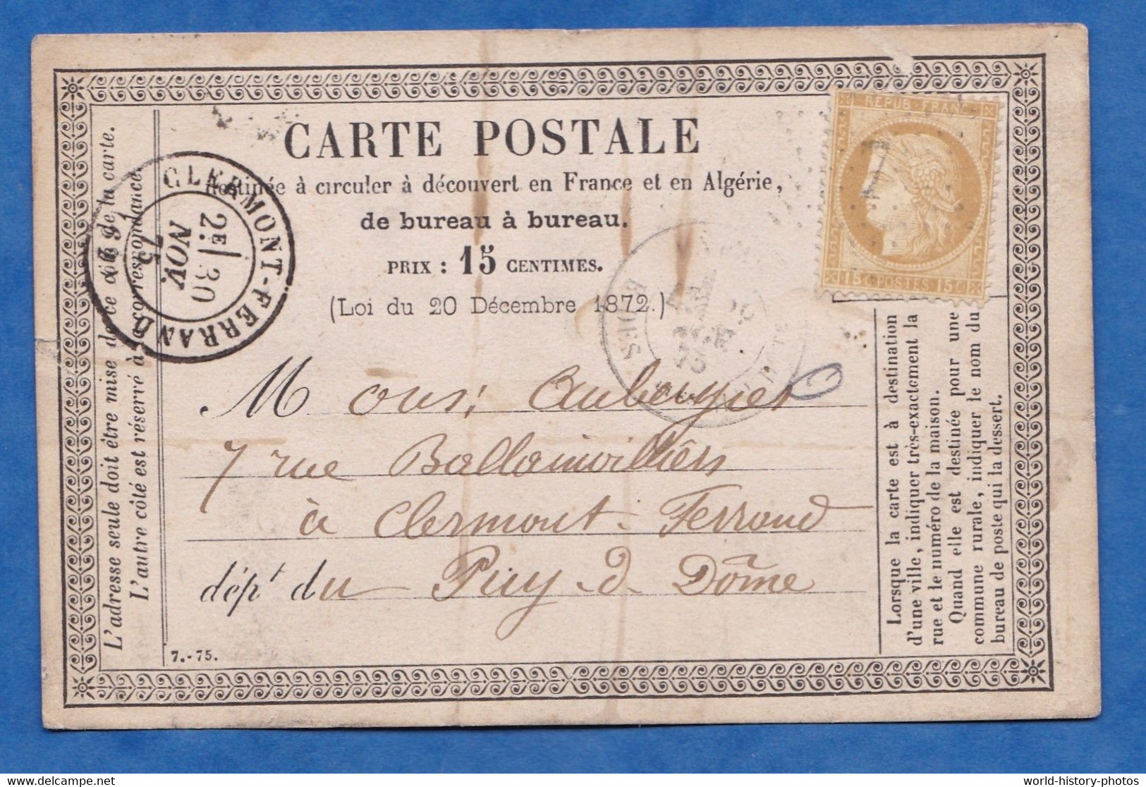 CPA Précurseur De 1875 - PARIS 3e - Signée Par M. LAYAT , Au 26 Rue Rambuteau - Envoi à Clermont Ferrand - Distrito: 03