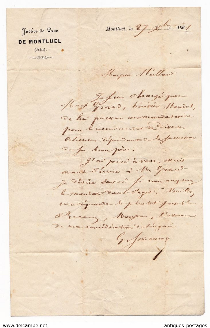 Lettre 1861 Montluel Ain Justice de Paix Beynost Maillard Géomètre Timbre Napoléon III 10 Centimes