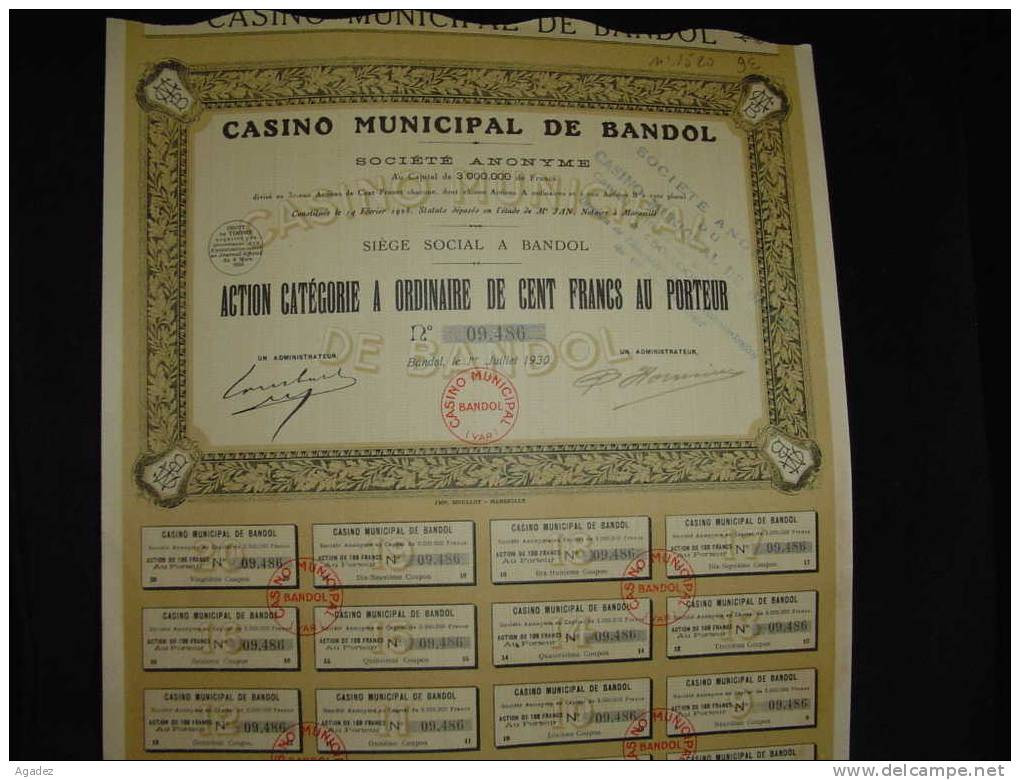 Action " Casino Municipal De Bandol " 1930 Excellent état,avec Tous Les Coupons. - Casino