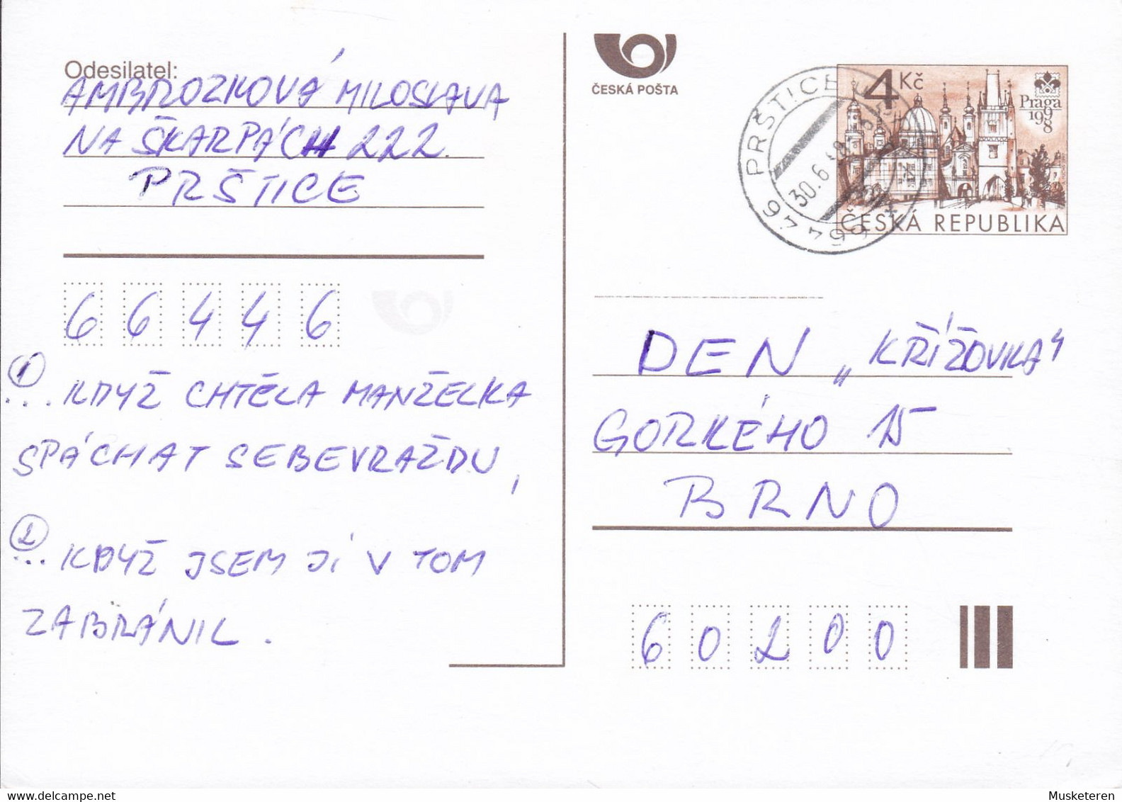 Czech Republic Postal Stationery Ganzsache Entier PRAGA 1998 PRSTICE 1998 BRNO - Unclassified