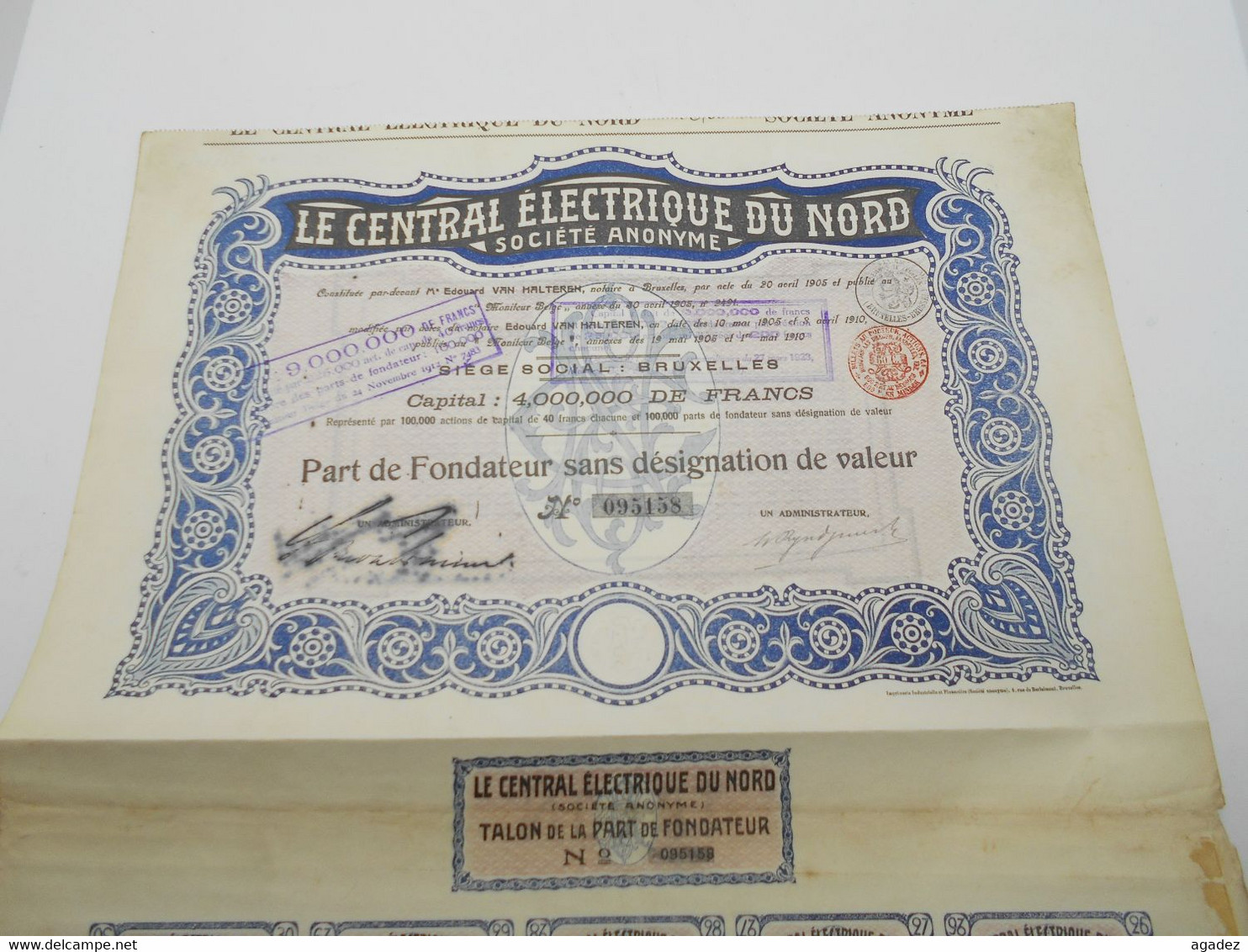 Part Fondateur " Le Central Electrique Du Nord " Bruxelles, 1910 Electricité. N° 095158 - Electricidad & Gas