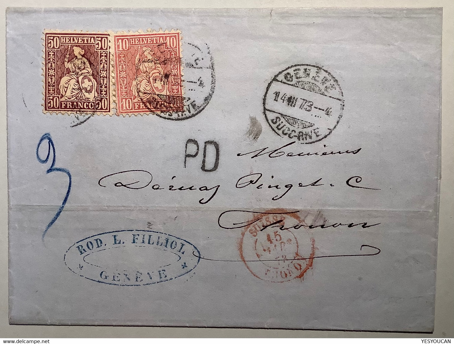 GENEVE 1873 GRENZRAYON Brief>Thonon Hte Savoie France, ZNr 43b, 38c 1867-78 Sitzende Helvetia (Schweiz Suisse Lettre RL - Lettres & Documents