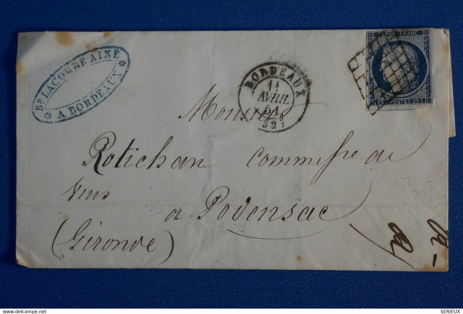 R21 FRANCE BELLE LETTRE 1851 BORDEAUX POUR PODENSAC + N 4+ AFFRANCHISSEMENT INTERESSANT - 1849-1850 Ceres