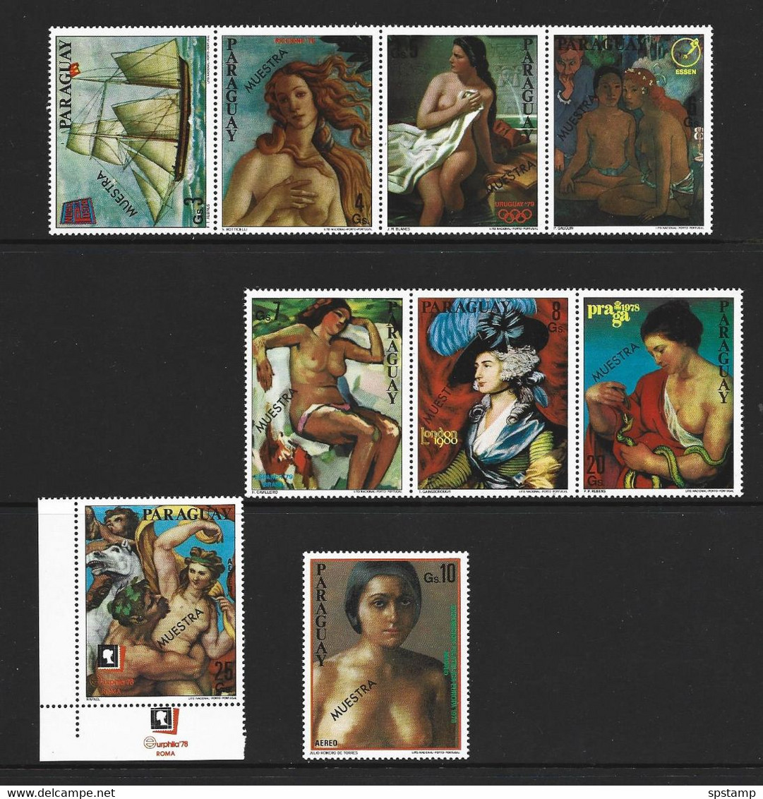 Paraguay 1978 Philatelic Exhibitions Paintings Set Of 9 With Strips MNH Muestra Overprint - Paraguay