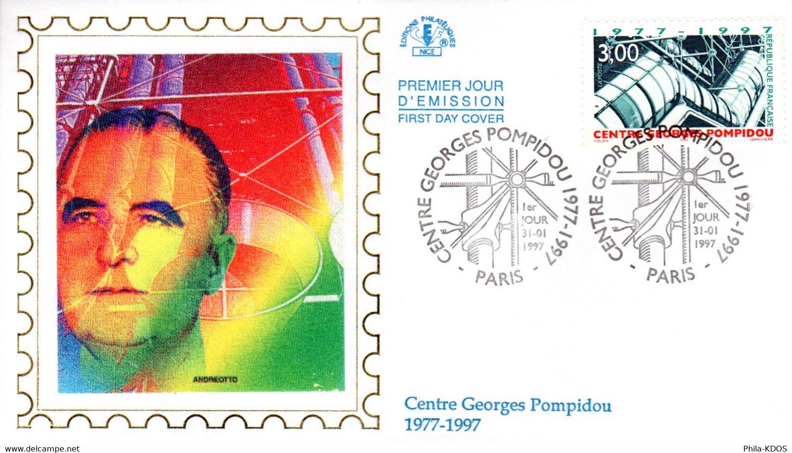 &#128509 " CENTRE GEORGES POMPIDOU " Sur Enveloppe 1er Jour Sur Soie De 1997. N° YT 3044. Parfait état. FDC - Monumenti