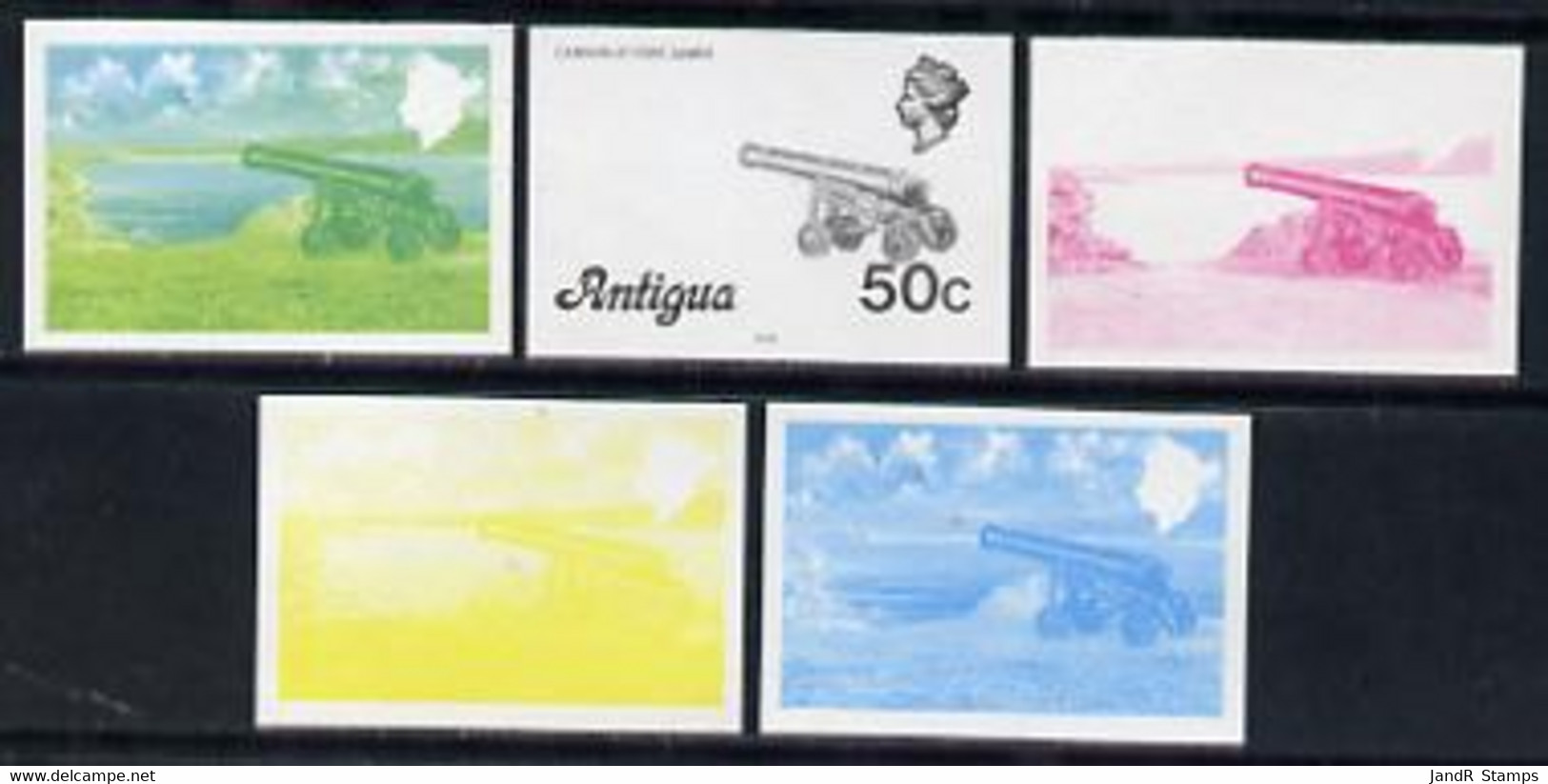 Antigua 1976 Cannon 50c (with Imprint) Set Of 5 Imperf Progressive Colour Proofs - Andere & Zonder Classificatie