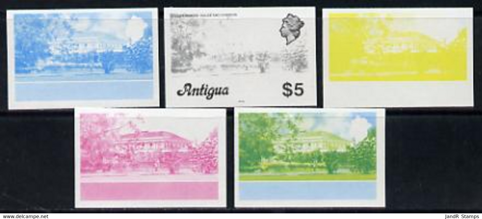 Antigua 1976 Government House $5 (with Imprint) Set Of 5 Imperf Progressive Colour Proofs - Autres & Non Classés
