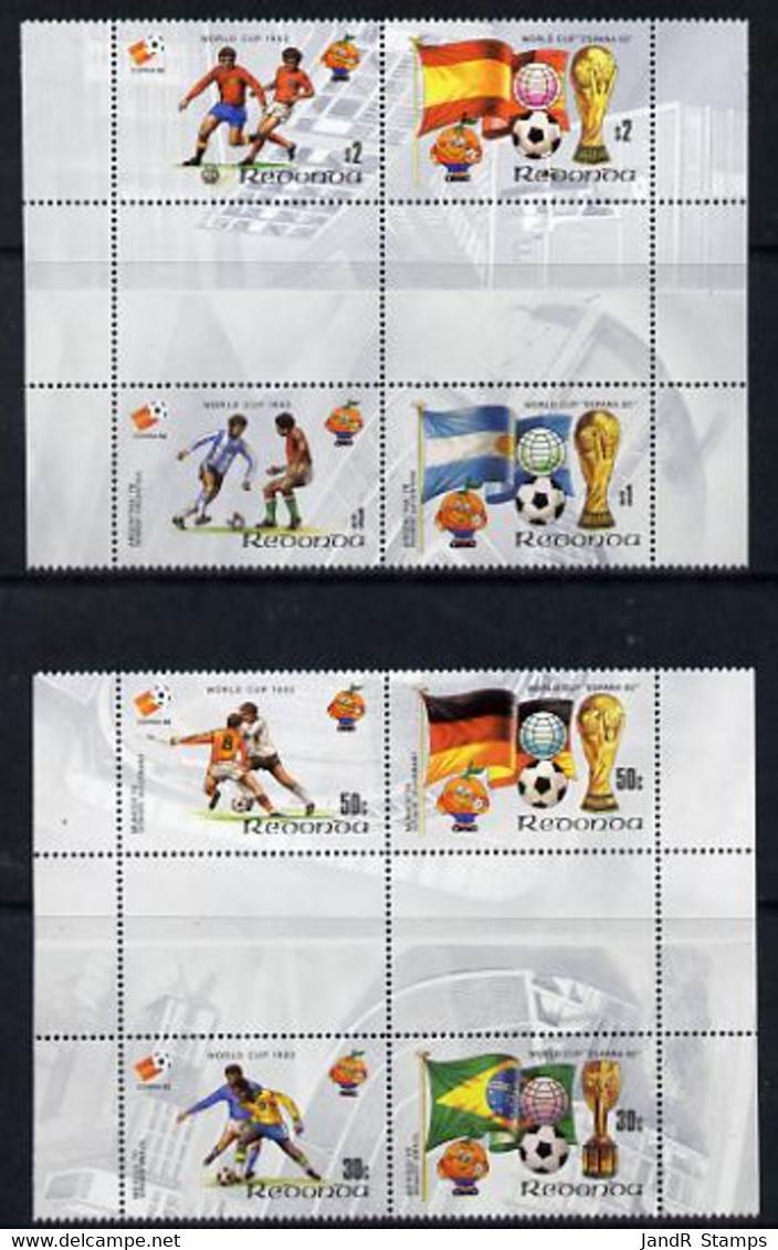 Antigua - Redonda 1982 Football World Cup Set Of 8 In 2 Se-tenant Gutter Blocks U/m - Antigua Et Barbuda (1981-...)