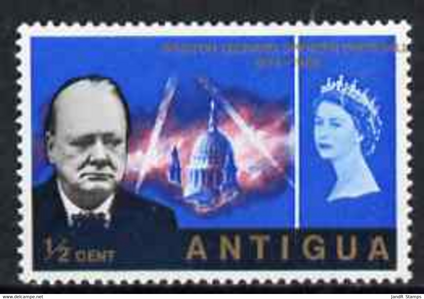 Antigua 1966 Churchill Commem 1/2c With Superb 15mm Shift Of Gold Value At Left & Country Name At Right - Otros & Sin Clasificación