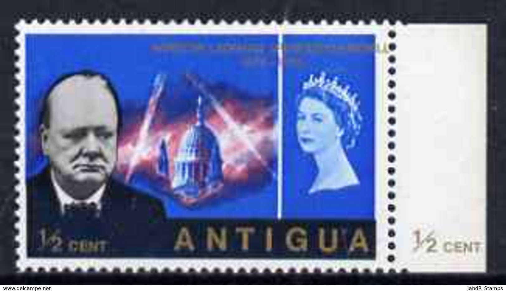 Antigua 1966 Churchill Commem 1/2c Marginal Single From Right Of Sheet With Superb 15mm Shift Of Gold - Other & Unclassified