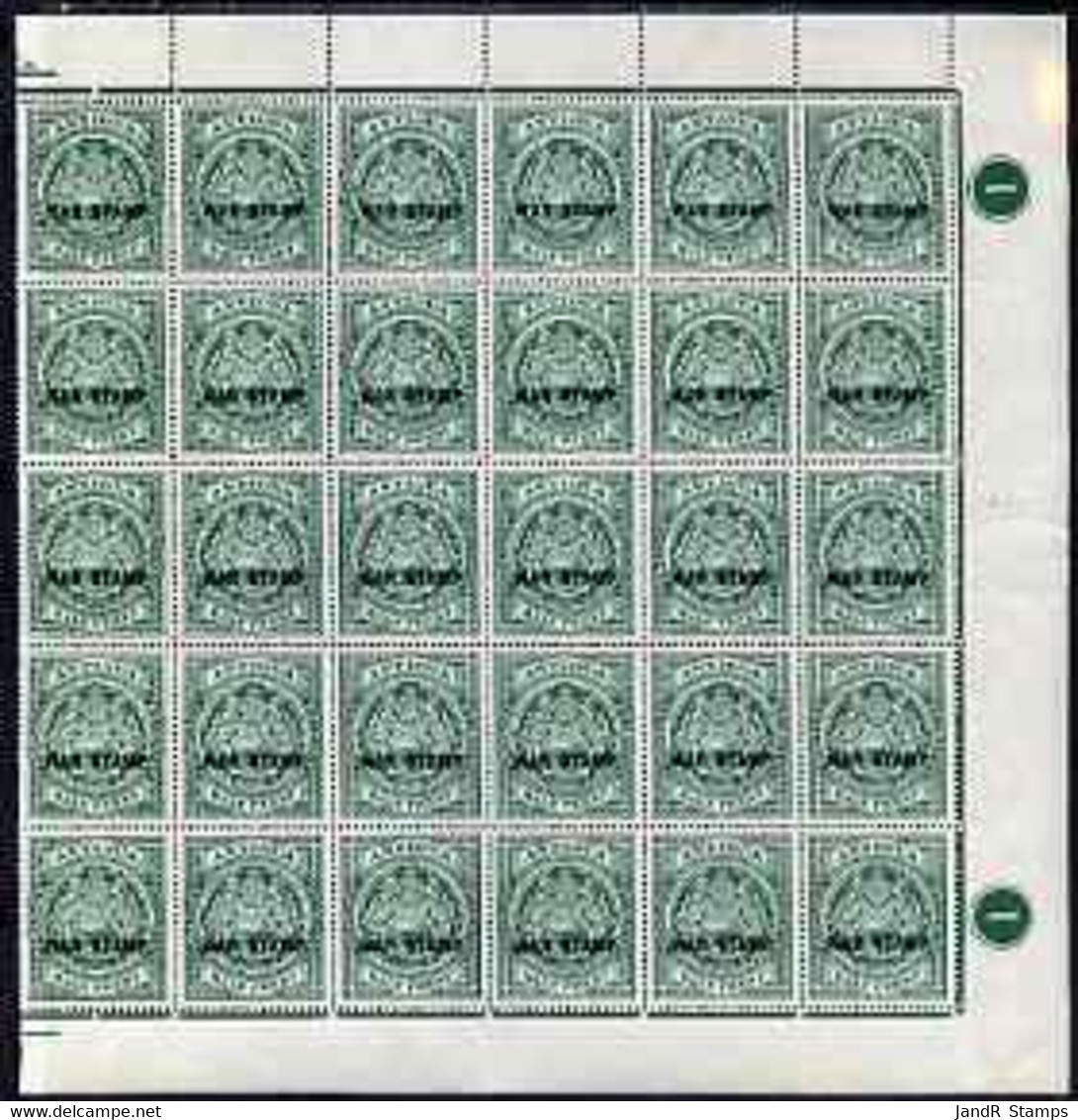 Antigua 1916-17 War Tax 1/2d Green (black Overprint) Right-hand Half Sheet Of 30 With Two X Plate No.1, Stamps - Autres & Non Classés