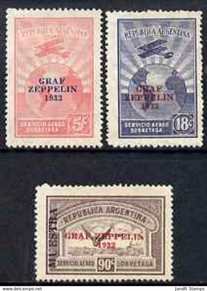 Argentine Republic 1932 Graf Zeppelin Overprint Set Of 3 (90c Without Gum Overprinted MUESTRA, Others M/m) - Unused Stamps