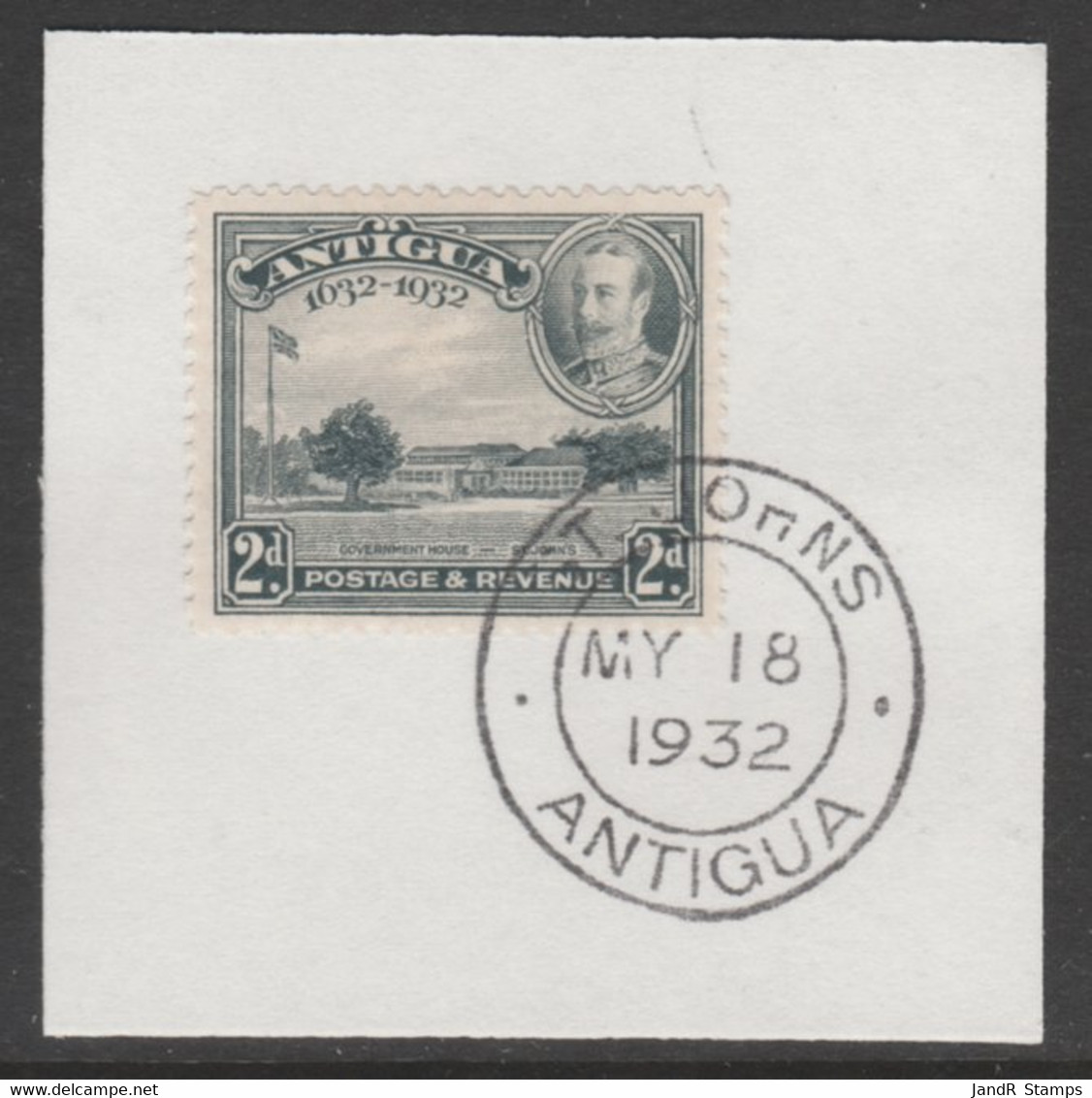 Antigua 1932 KG5 Tercentenary 2d Grey SG 84 On Piece With Full Strike Madame Joseph Forged Postmark Type 14 - Otros & Sin Clasificación
