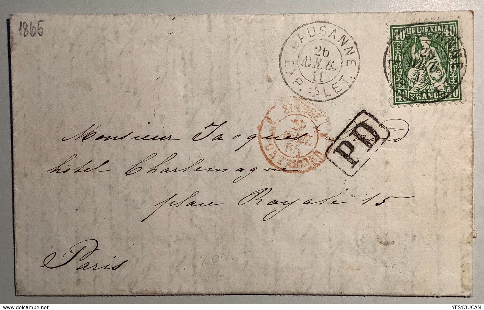 LAUSANNE 1865 (VD) Brief>Paris France, ZNr34 1862 Sitzende Helvetia (Schweiz Suisse Lettre Cover - Briefe U. Dokumente