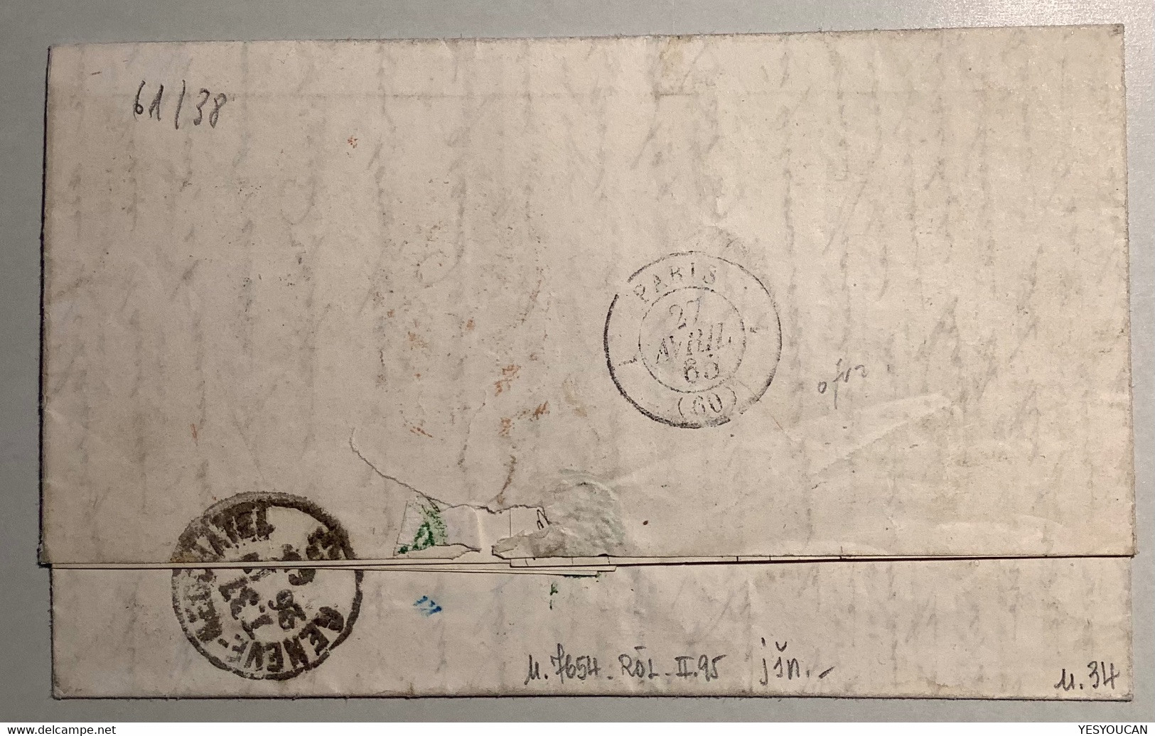 LAUSANNE 1865 (VD) Brief>Paris France, ZNr34 1862 Sitzende Helvetia (Schweiz Suisse Lettre Cover - Briefe U. Dokumente