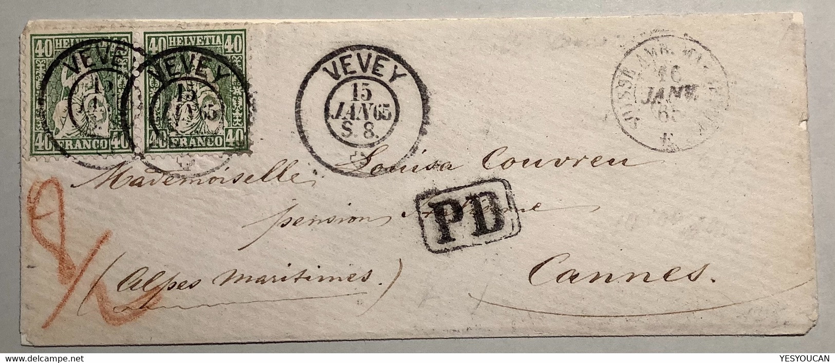 VEVEY 1865 (VD) Brief>Cannes Alpes Maritimes France, ZNr34 X2 1862 Sitzende Helvetia (Schweiz Suisse Lettre Cover - Storia Postale
