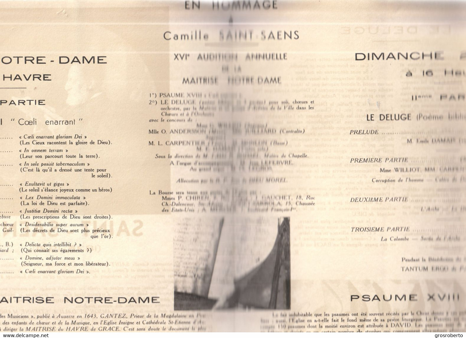 Ancien PROGRAMME  HOMMAGE Camille SAINT -SAENS/église NOTRE DAME Du HAVRE/psaume,le Déluge - Programas