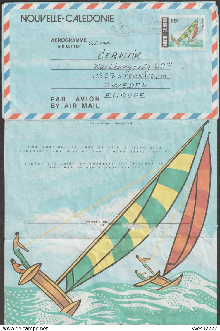 Nouvelle-Calédonie 1986. Aérogramme à 65 F Légende Nouvelle-Calédonie Régates. Usage Commercial Pour La Suède - Entiers Postaux