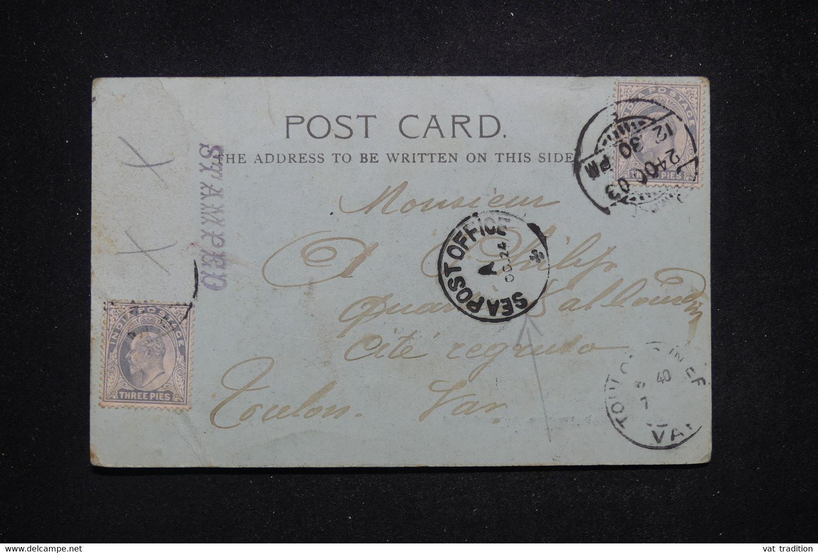 INDE - Oblitération " Sea Post Office " Sur Carte Postale En 1903 Pour La France, Affranchissement Incomplet - L 96905 - 1902-11 Koning Edward VII