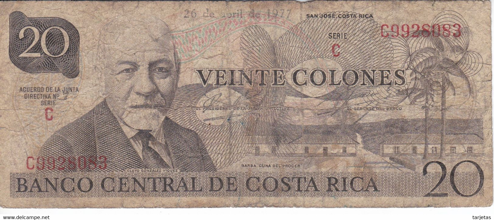 BILLETE DE COSTA RICA DE 20 COLONES AÑO 1977  (BANKNOTE) - Costa Rica