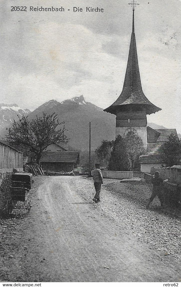 REICHENBACH → Belebte Dorfstrasse Mit Kirche, Ca.1920 - Reichenbach Im Kandertal