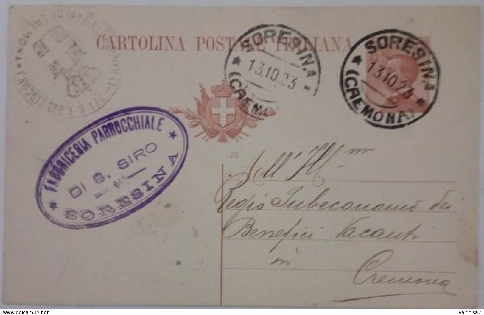 SORESINA - CREMONA - CARTOLINA POSTALE DA CENT.30 DEL 1923 - TIMBRO COMMERCIALE " FABBRICERIA PARROCCHIALE DI S.SIRO" - Cremona